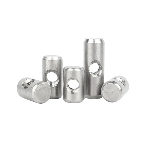 Heavy Duty 304 Stainless Steel Embedded Nut With Cross Hole Pin For Hammer In Fastening, Corrosion Resistant hardware shown in various sizes.