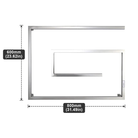 Dimensions of wall-mounted Plug In Or Hardwired Heated Towel Rack With Timer For Bathroom; 800mm by 600mm brushed finish