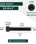 Diagram showing 3/8-16 X 2 Socket Head Cap Screws Bolts, 12.9 Grade Alloy Steel, Black Oxide Finish, Allen Hex Drive