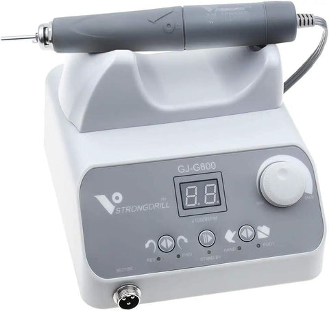Pro Level Angled Brushless Electric Rotary Buffer For Polishing Carving Engraving Glass Ceramic Silicone And Stone Jewelry Crafting With Bulletproof Grey Grip and sleek control panel.
