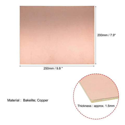 Single Sided Copper Clad Laminate PCB Board Set Of 5 250x200mm 1.5mm Thick for DIY Prototyping with dimensions and material details