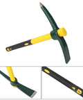 Dual Head 15 Inch Garden Pickaxe And Mattock Weeding Hoe, forged steel, ergonomic rubber handle, close-up view, 2 pack