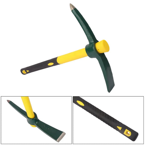Dual Head 15 Inch Garden Pickaxe And Mattock Weeding Hoe, forged steel, ergonomic rubber handle, close-up view, 2 pack
