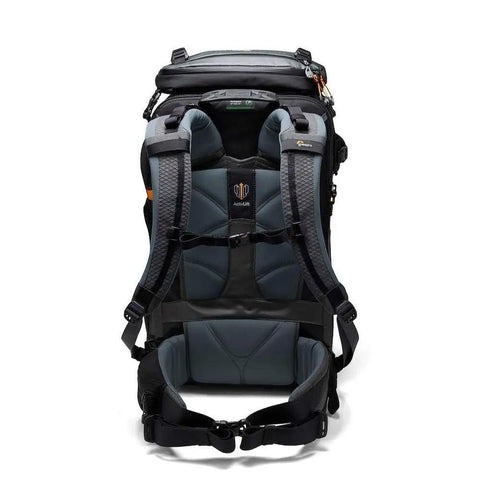 Pro Trekker BP 650 AW II Outdoor Camera Backpack, rear view showing padded straps and waist belt, black and dark grey.
