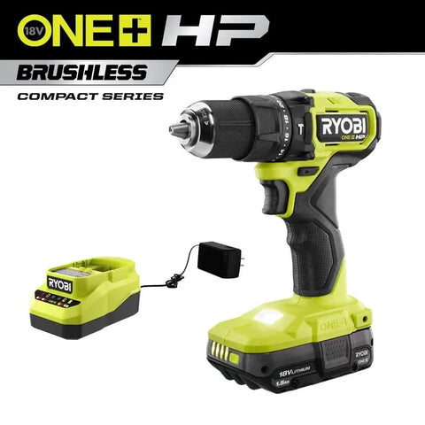 18V Brushless Cordless Hammer Drill Kit with half inch chuck and 1.5Ah battery for DIY pros and home improvement, shown with charger.