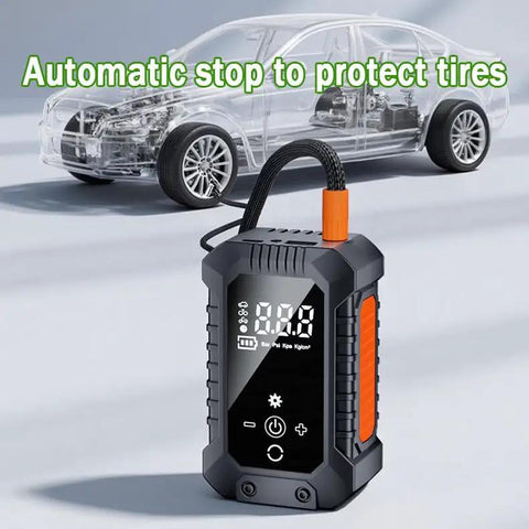 Portable Wireless Tire Inflator With Digital Pressure Gauge No Sweat Air Compressor For Cars Motorcycles Bikes And Balls Road Trip Ready Quick Fix, showing digital display and charging port.