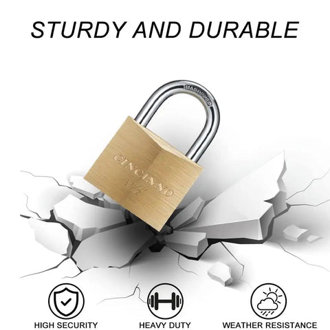 Heavy Duty Brass Padlock With Key One And Nine Sixteenth Inch Wide Body Two Pack Keyed Alike Locker Locks For Indoor And Outdoor Use Tough As Nails displayed on cracked surface, showcasing strength and durability with icons for security, heavy duty, and weather resistance.