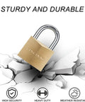 Brass Padlock Set Of 16 Keyed Alike With 32 Keys, featuring sturdy, durable lock on cracked surface with icons for security and weatherproofing.