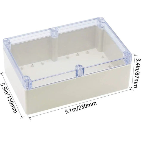 Rugged Abs Plastic Junction Box Boasting Ip65 Waterproof Seals And Dustproof Design, grey housing with clear cap, dimensions 230x150x87mm.