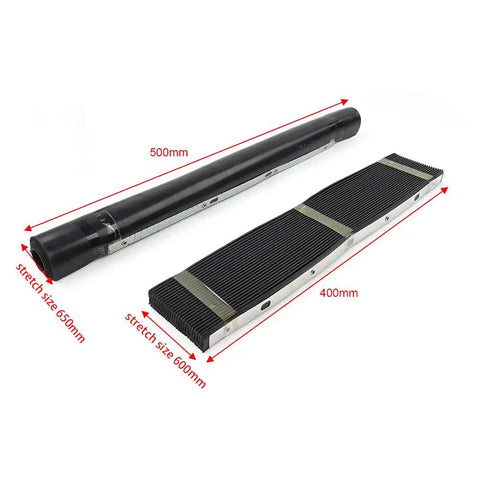 Two Pack Durable Rubber Accordion Front and Back Way Cover Guards for Milling Machines, sizes 500x650mm and 400x600mm.