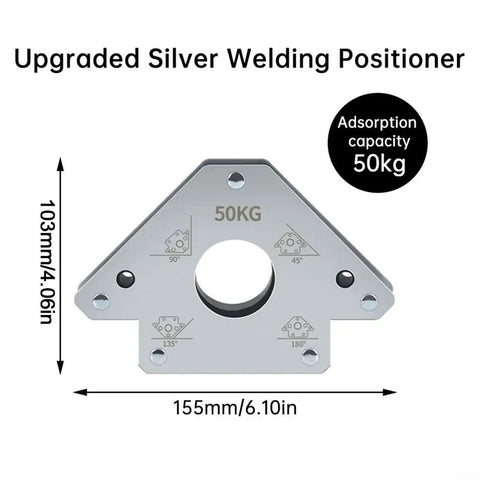 Heavy Duty Magnetic Welding Positioner 75KG Multi-Angle Holder for Pros Locks Metal Parts Tight During Fabrication And Complex Jobs With Flex Joint Adjusting From 45 To 180 Degrees For Total Stability No Slip, silver metal, 155mm x 103mm, 50kg capacity.