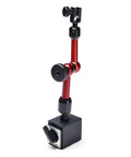 Red AGPtek 3‑joint adjustable magnetic base holder for a digital dial indicator on a black square base with knob.
