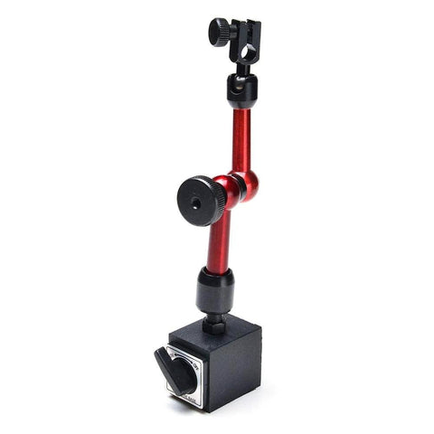 Red AGPtek 3‑joint adjustable magnetic base holder for a digital dial indicator on a black square base with knob.