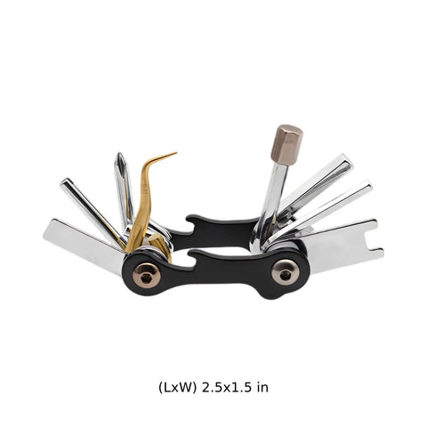 Nine In One Scuba Diving Travel Tool Set in 420 stainless steel and brass with multiple tools extending, compact size shown.