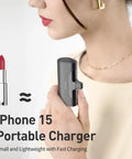 Pocket Sized 4500 Mah Portable Power Bank With 20W Fast Charge And Dual Usb C Ports For iPhone 17 16 15 Plus Pro Max And Samsung Galaxy S25 S24 S23 Android Travel Battery Pack To Zap Up Your Phones Quick And Stay Fully Wired On The Go held in hand next to lipstick, showcasing its small size.