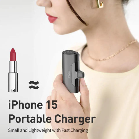 Pocket Sized 4500 Mah Portable Power Bank With 20W Fast Charge And Dual Usb C Ports For iPhone 17 16 15 Plus Pro Max And Samsung Galaxy S25 S24 S23 Android Travel Battery Pack To Zap Up Your Phones Quick And Stay Fully Wired On The Go held in hand next to lipstick, showcasing its small size.