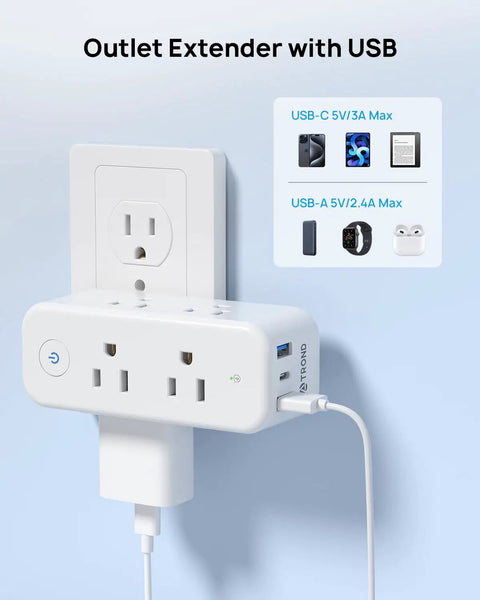 9 In 1 USB C Surge Protector Outlet Extender with wall plug, 6 AC outlets, 2 USB A ports, 1 USB C port, 360 rotating plug.