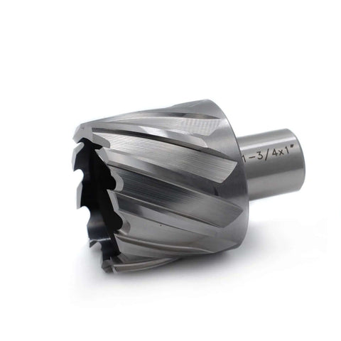 Annular cutter, 1-3/4 in diameter, 1 in depth of cut, 3/4 in Weldon shank, angled side view