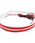 Lit 70 Inch 12V LED Hood Light Strip With Flexible Waterproof Design coiled with red wiring, universal for cars, SUVs, trucks