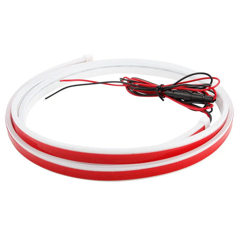 Lit 70 Inch 12V LED Hood Light Strip With Flexible Waterproof Design coiled with red wiring, universal for cars, SUVs, trucks