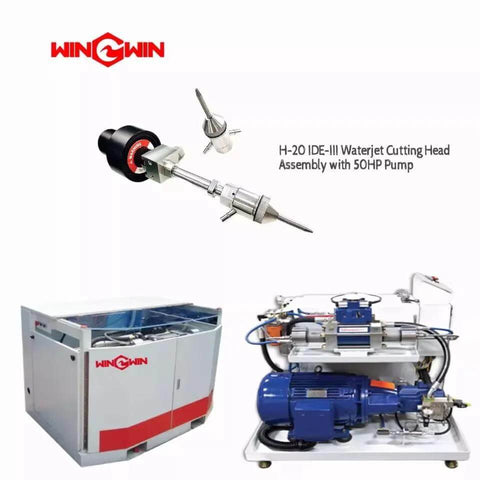 Waterjet cutting head assembly with 50HP pump, WingWin control cabinet, and blue pump unit (front view).