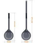 9 Inch Round Perforated Aluminum Pizza Peel With Detachable 40 Inch Handle Lightweight Yet Durable Pizza Turner For High Heat Ovens Outdoor Pizza Oven Accessories For Easy Slide And Turn Pro Grade, shown in two sizes, 24.4 inch and 39.7 inch handle lengths