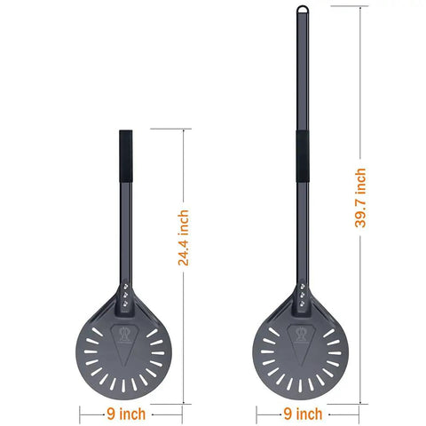 9 Inch Round Perforated Aluminum Pizza Peel With Detachable 40 Inch Handle Lightweight Yet Durable Pizza Turner For High Heat Ovens Outdoor Pizza Oven Accessories For Easy Slide And Turn Pro Grade, shown in two sizes, 24.4 inch and 39.7 inch handle lengths
