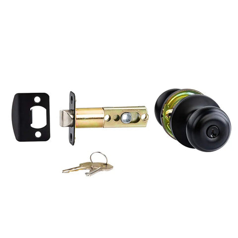Exterior Door Knob With Lock Matte Black, Classic Vibe, Easy Install, Brass Body With Steel Core, Adjustable Latch, Two Brass Keys