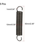 Rock Solid Nickel Plated Spring Steel Tension Springs Five Piece Set Dual Hook Extended, 1mm wire, 10mm OD, 60mm length.