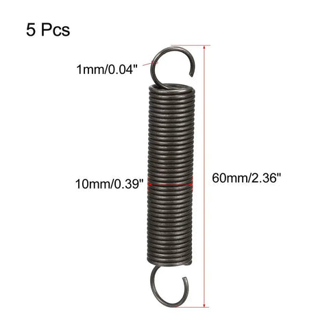 Rock Solid Nickel Plated Spring Steel Tension Springs Five Piece Set Dual Hook Extended, 1mm wire, 10mm OD, 60mm length.