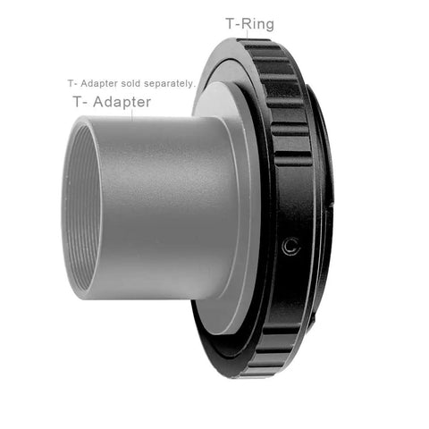 M42 T Ring Adapter For Canon DSLR Cameras, Durable Aluminum Build, side view showing T-Ring and T-Adapter connections