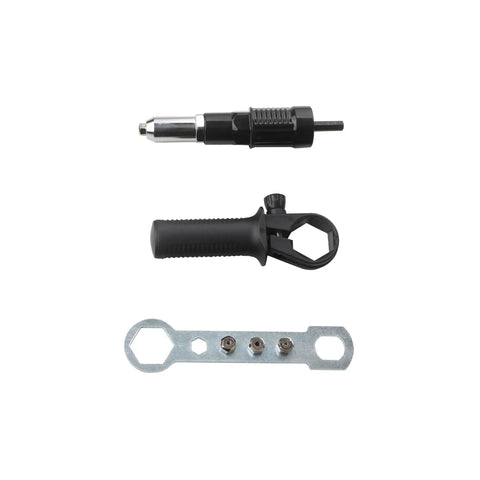 Pop Rivet Gun Adapter Kit With Four Head Sizes 2.4mm 3.2mm 4.0mm And 4.8mm Drill Attachment, aluminum alloy, with handle and wrench