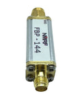 Close-up of Compact 144 MHz 2 Meter Bandpass Filter with Miniature SMA Adapter, emphasizing durable construction.