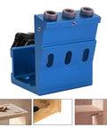 Straight Shooting Aluminum Pocket Hole Drill Guide Dead On Woodworking Jig in blue, used for accurate wood joint drilling.