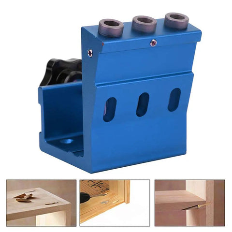 Straight Shooting Aluminum Pocket Hole Drill Guide Dead On Woodworking Jig in blue, used for accurate wood joint drilling.