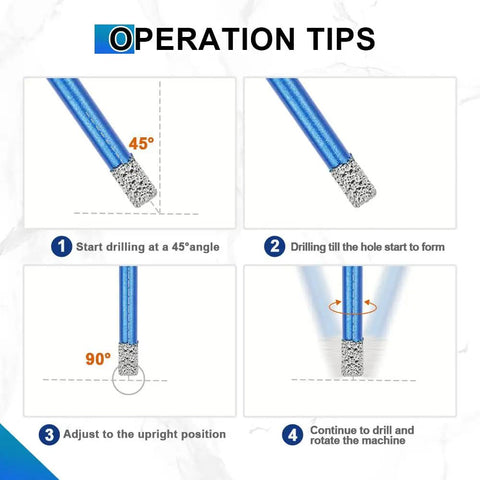 Operation tips for Pro Grade Heavy Duty Diamond Core Drill Bit Set For Porcelain Tile Ceramic Marble Granite shown in four steps.