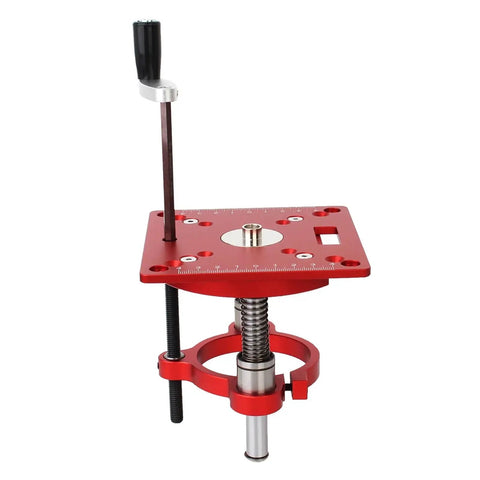 Heavy Duty Aluminum Router Lift Base With Precision Router Table Insert Plate For Woodworking Table Saw and Trimmer Machine in red.