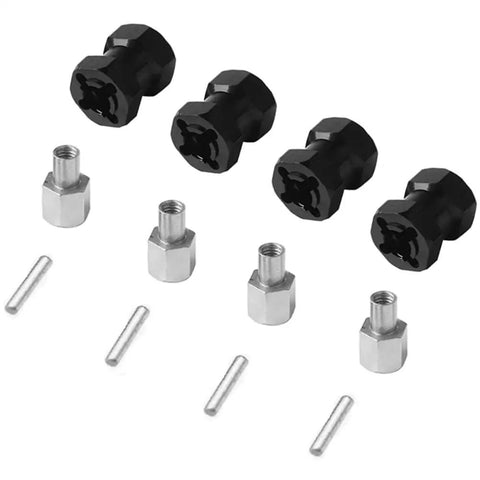 4 Pack 12mm Aluminum Wheel Hex Hubs With 15mm Offset Extension for RC Crawlers, shown in black with adapters and pins