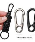 Hand holding paracord with black spring hook, two 30 Piece Mini Carabiner Clip Set, Tiny Zinc Alloy Spring Snap Hooks shown