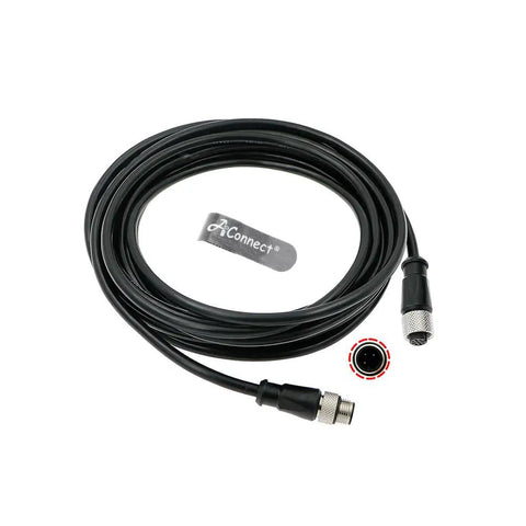 Rugged M12 A Code Three Pin Male To Female Cable Fifteen Meter High Flex Sensor Actuator Wire For PLC And IO Systems, black cable with connectors.