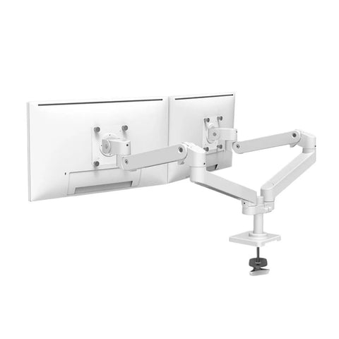 Total Game Changer Dual Monitor Desk Stand With Smooth Glide Swing Arm Mount showing dual monitors and adjustable white arm.
