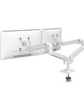 Heavy Duty Dual Monitor Desk Mount Stand With Smooth Swivel Arm And Perforated Base For Desktop Computer Setup, dual screens with adjustable arms.