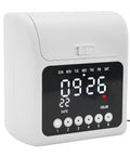 Heavy Duty Time Clock Punch Machine Bundle Includes Fifty Cards For Small Business And Office Password Unlocked Attendance Tracker Built Different For Daily Grind Operations, white clock with digital display and buttons.