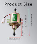12V Inline Fuel Pump For Gas Engines With Low 2.5 To 4 PSI, showing size dimensions, universal fit for lawn mowers and carburetors