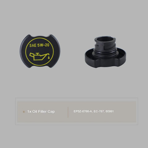 Engine Oil Filler Tube 917-415 And Oil Filler Cap 80991 Replacement Kit cap with SAE 5W-20 label and tube on gray background