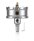 Front view of BEoffer 4-inch TCT hole saw on mandrel with spring-loaded pilot bit; 100 mm tungsten carbide cutter
