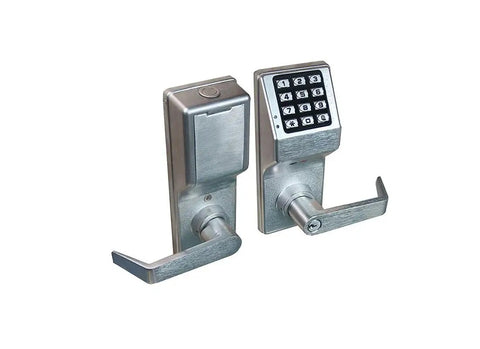 Satin Chrome Trilogy Cylindrical Privacy Lock With Standard Key Bypass And Digital Keypad For Offices, double-sided design.