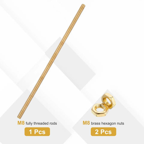 Heavy Duty Brass Fully Threaded Rod Set With Two Chunky Hex Nuts Featuring M8 Metric Thread 10 inch length and brass construction
