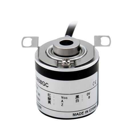 38mm Incremental Rotary Encoder With 8mm Half Hollow Shaft Optical Switch And Pro Grade High Resolution PPR Options 10 1024 1800 2500 3600 5 To 24V DC Pulse Drive Output, front view.