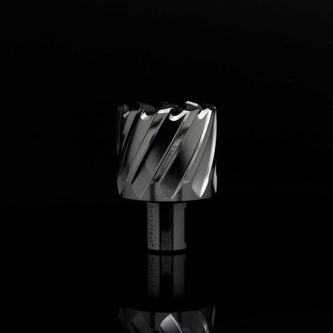Oscarbide annular cutter with 3/4 in Weldon shank, 1-11/16 in diameter and 1 in depth of cut, front view